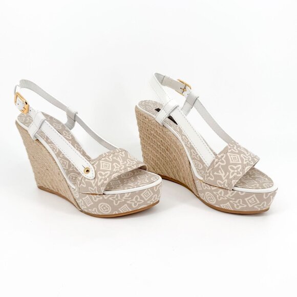 Louis Vuitton Espadrille Wedge Sandals Size 38.5 US 8.5 Beige LV Canvas Platform - Picture 1 of 14